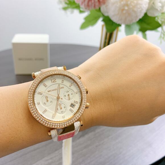 Michael Kors MK6951 Parker Chronograph Tea Rose PVC Leather Watch